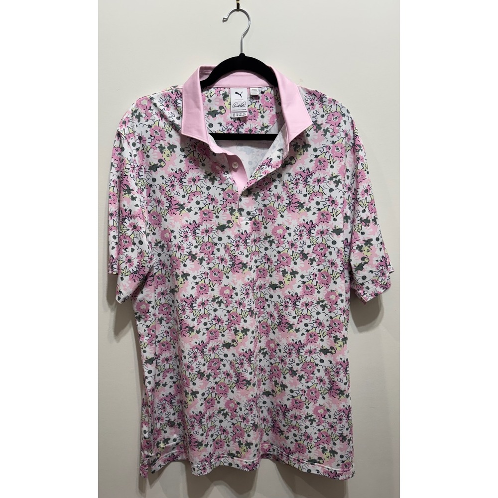Puma Golf Arnold Palmer Mens XL Floral Polo Shirt Pink White Short Sleeve